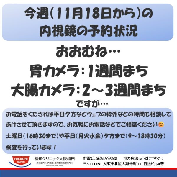 今週（11月18日から）の内視鏡（胃カメラ、大腸カメラ）の予約状況のアイキャッチ画像