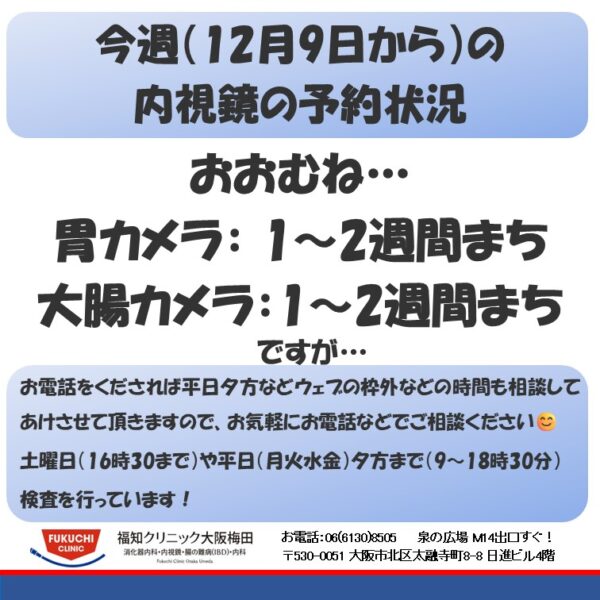 今週（12月8日から）の内視鏡（胃カメラ、大腸カメラ）の予約状況のアイキャッチ画像