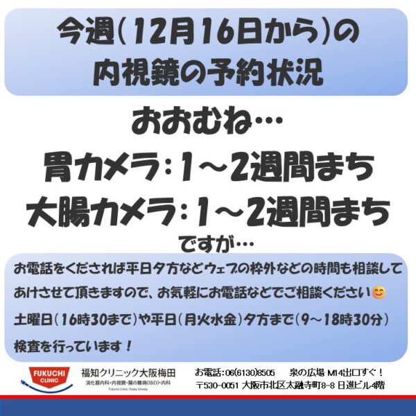 今週（12月16日から）の内視鏡（胃カメラ、大腸カメラ）の予約状況のアイキャッチ画像