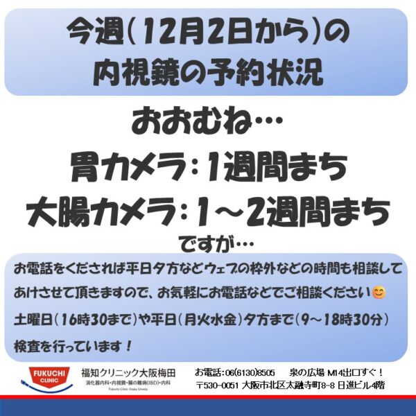 今週（12月2日から）の内視鏡（胃カメラ、大腸カメラ）の予約状況のアイキャッチ画像